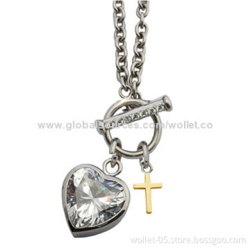 Cross and Heart Pendant, Made of 316L Stainless Steel with CZ Stone, High-polished